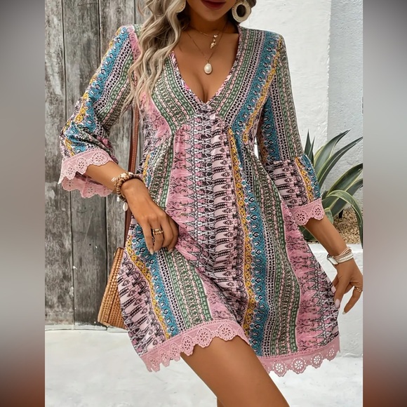 Dresses & Skirts - 3/4 sleeve striped V-neck trapeze dress with lace trim